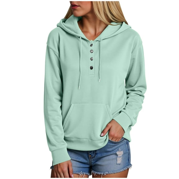 larppty Womens 2025 Hoodies Button Collar Drawstring Hooded Pullover Sweatshirt Casual Long Sleeve Tops Shirts (Light Green, M)