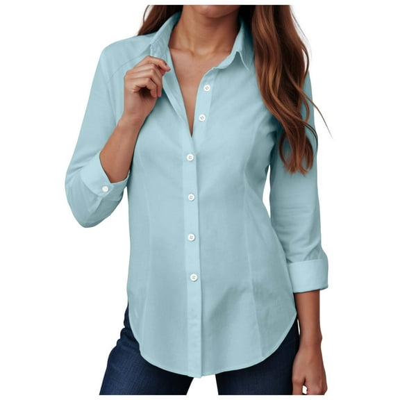 larppty Womens Button Down Shirts Cotton Dress Shirts Long Sleeve Collared Work Office Blouses Tunic Tops (Light Blue, XL)