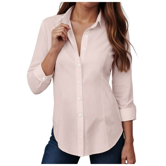 larppty Womens Button Down Shirts Cotton Dress Shirts Long Sleeve Collared Work Office Blouses Tunic Tops (Pink, M)