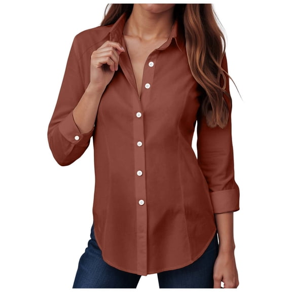 larppty Womens Button Down Shirts Cotton Dress Shirts Long Sleeve Collared Work Office Blouses Tunic Tops (Red, S)