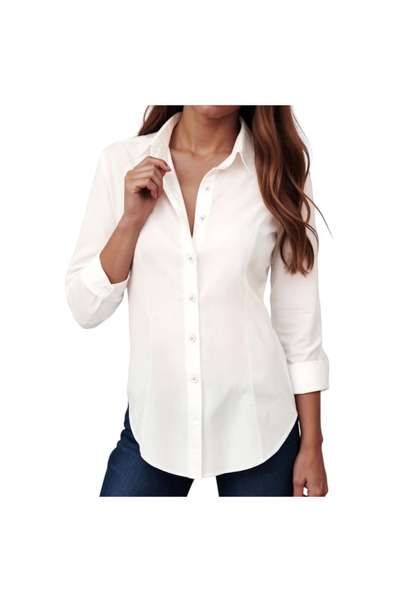 Womens Button Down Shirts Cotton Dress Shirts Long Sleeve Collared Work Office Blouses Tunic Tops (White, L)