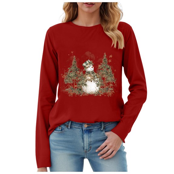 larppty Womens Casual Christmas Shirts Snowman Tree Printed Holiday Long Sleeve Xmas Graphic Party Tees (Red, M)