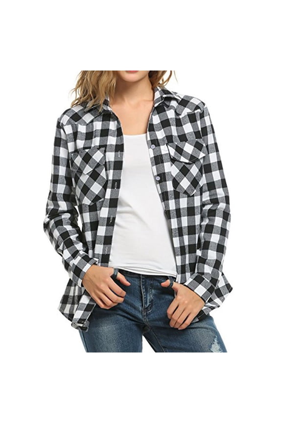 Womens Casual Cuffed Long Sleeve Boyfriend Button Down Plaid Flannel Shirt Tops (Black, L)