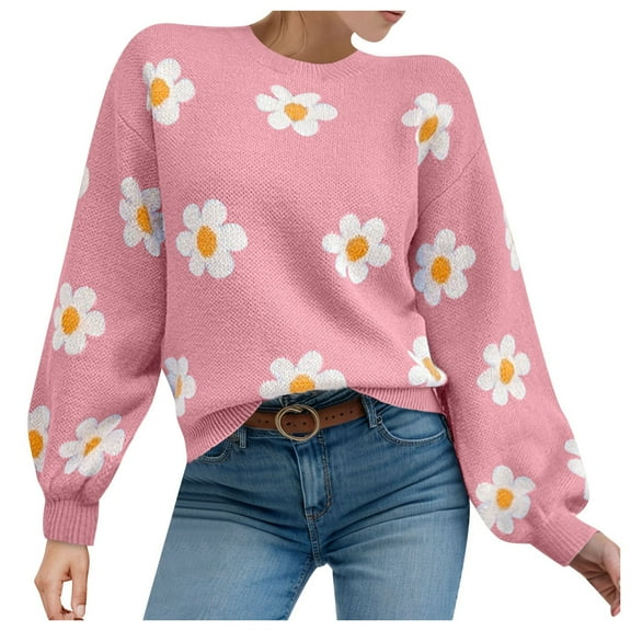 larppty Womens Casual Daisy Sweater Long Sleeve Pullover Loose Fit Flower Knit Sweater Tops (Red, XL)