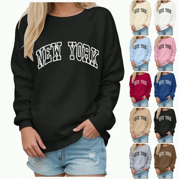 larppty Womens Casual Long Sleeve Graphic Tee Shirts Crew Neck Sweatshirts Pullover Tops for Women Fall Outfits (Navy, M)