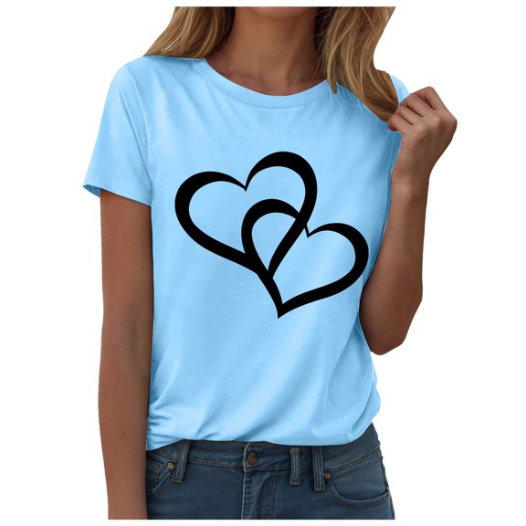 larppty Womens Casual Short Sleeve Tops Trendy Loose Shirts Crewneck Printed Cute Blouse Heart Graphic Tees Tunics (Blue, XXL)