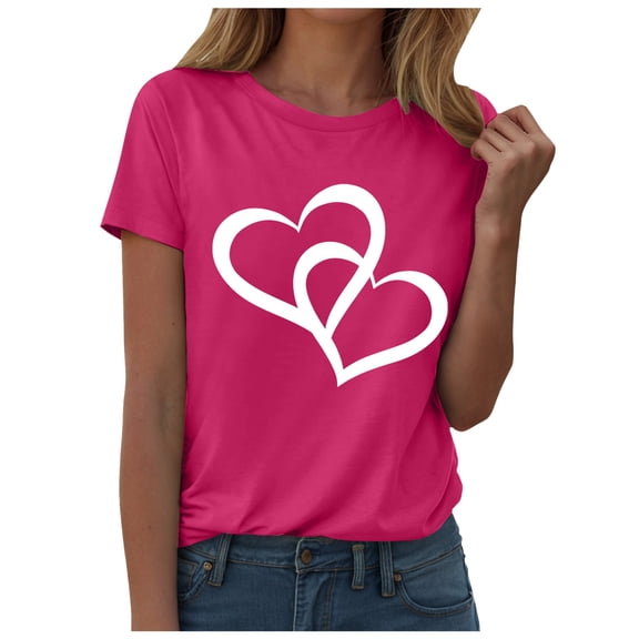 larppty Womens Casual Short Sleeve Tops Trendy Loose Shirts Crewneck Printed Cute Blouse Heart Graphic Tees Tunics (Hot Pink, S)