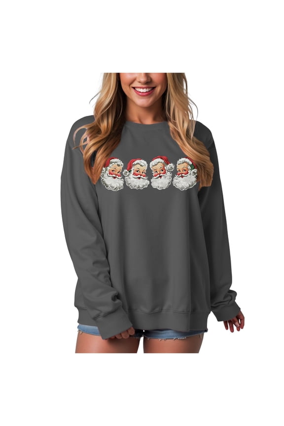 Womens Christmas Santa Sweatshirt Retro Santa Claus Pullover Oversized Top Crewneck Long Sleeve Xmas Vacation Sweaters (Dark Gray, L)