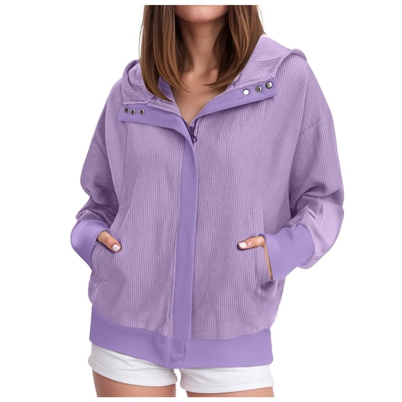 larppty Womens Corduroy Knit Hoodies Zip Up Shirt Jacket Slouchy Jackets Casual Long Sleeve Shackets Fashion Clothes (Light Purple, M)