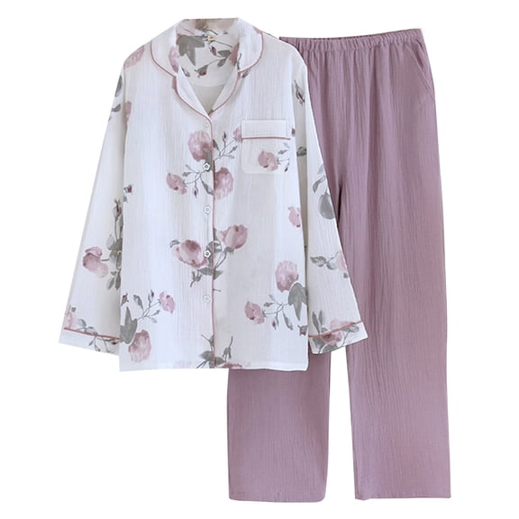 larppty Womens Cotton Gauze Pajama Set Long Sleeve Button Up Shirt and Pants 2 Piece Cute Printed Pj Set（Purple，L）