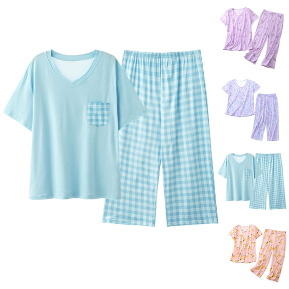 larppty Womens Cotton Pajama Sets Short Sleeve Top With Capri Pants 2 piece sets for Women Soft Pajamas Lounge Set（Light Purple，XXL）