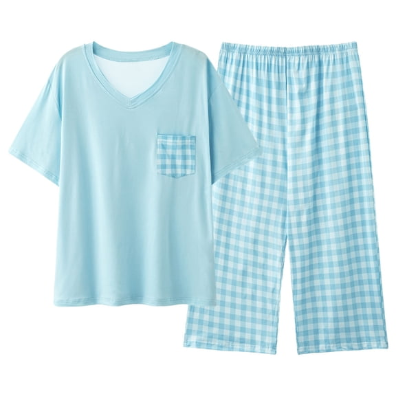 larppty Womens Cotton Pajama Sets Short Sleeve Top With Capri Pants 2 piece sets for Women Soft Pajamas Lounge Set（Sky Blue，XXXXXL）