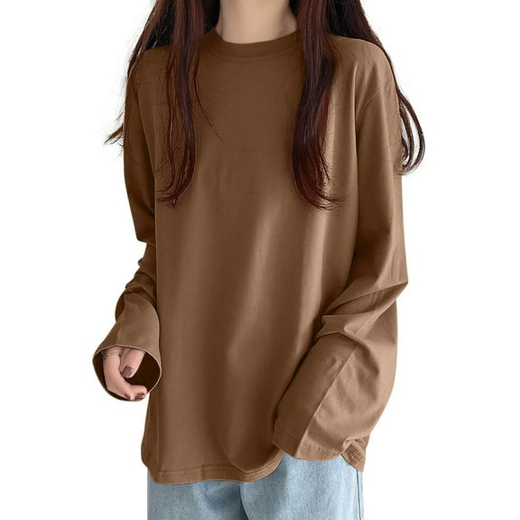 larppty Womens Crewneck Long Sleeve Shirts - Loose Fitted Basic Casual Tees Outfits(Coffee,M)