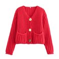 thumbnail image 1 of larppty Womens Cropped Cardigan Sweaters Chunky Open Front Button Down Knit Sweater Long Sleeve Loose Cardigans Outerwear (Red, S), 1 of 2