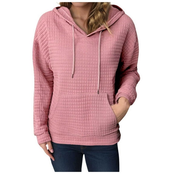 larppty Womens Drawstring Hoodies Sweatshirts Long Sleeve Fashion Waffle Knit Pullover Hoodie with Pocket (Pink, XXL)