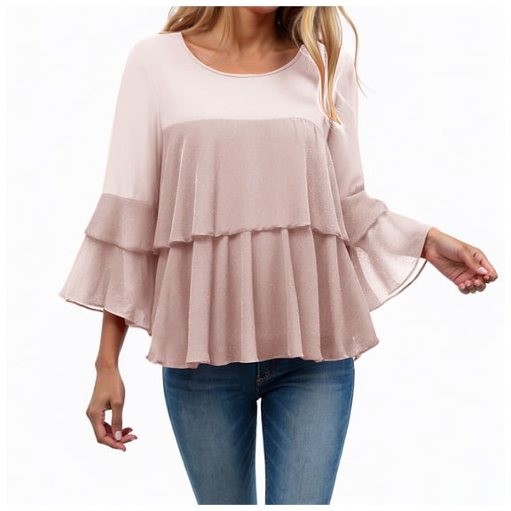 larppty Womens Dressy Peplum Tops 3/4 Sleeve Ruffles Elegant Flowy Blouses Boho Clothing Trendy 2025 (Pink, XL)