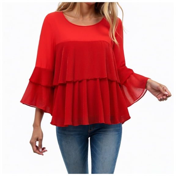 larppty Womens Dressy Peplum Tops 3/4 Sleeve Ruffles Elegant Flowy Blouses Boho Clothing Trendy 2025 (Red, S)