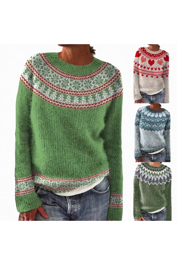 Womens Fair Isle Sweaters Trendy Fall Winter Casual Vintage Crewneck Long Sleeve Pullover Knitted Top Fashion Clothes (AG, 5XL)