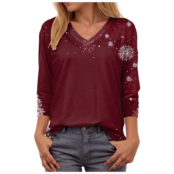 larppty Womens Fall 3/4 Length Sleeve Tops V Neck Shirts Dressy Casual Loose Fit Christmas Print Blouses Fashion Outfits (Brick Red, L)
