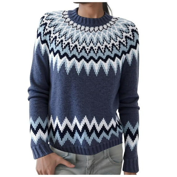 larppty Womens Fall Sweaters Vintage Colorful Crew Neck Long Sleeve Pullover Knit Jumper Tops (Blue, M)
