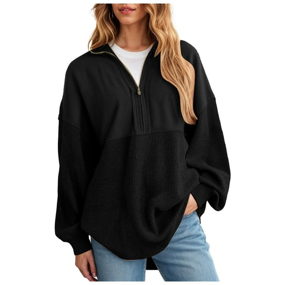 larppty Womens Fall Sweatshirt Casual Waffle Knit Half Zip Pullover Loose Long Sleeve Tops Fashion Clothes (Black, XXL)