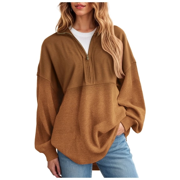 larppty Womens Fall Sweatshirt Casual Waffle Knit Half Zip Pullover Loose Long Sleeve Tops Fashion Clothes (Coffee, XXL)