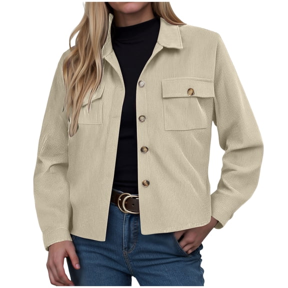 larppty Womens Fashion Cropped Corduroy Shackets Button Down Jackets Tops Fall Trendy Lightweight Long Sleeve Shirts (Beige, XL)