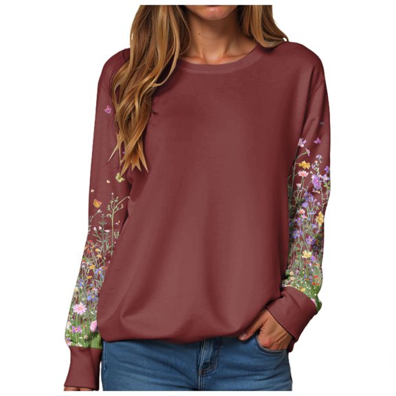 larppty Womens Fashion Floral Printed Crewneck Long Sleeve Casual Sweatshirt Pullover Tops (Wine, XL)