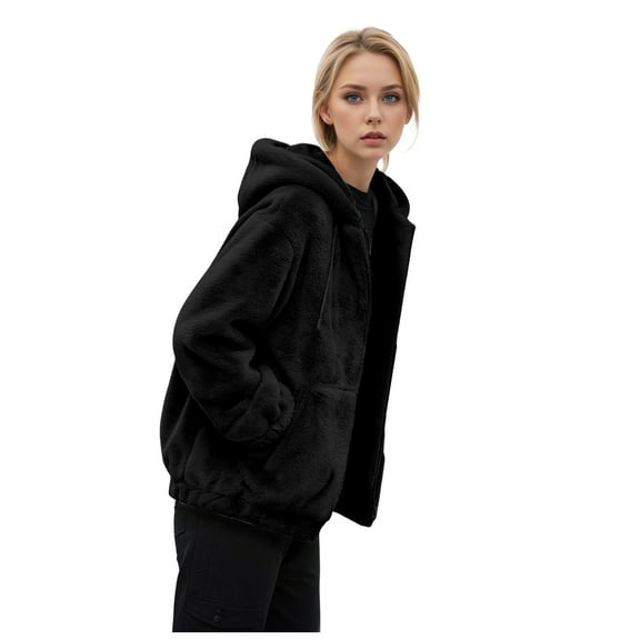larppty Womens Fleece Jacket Hooded Oversized Sherpa Zip Up Fuzzy Casual 2025 Outerwear Fashion Coat with Pockets (Black, 3XL)