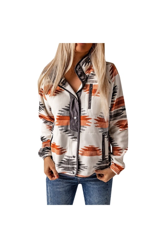 Womens Fleece Jacket Print Long Sleeve Snap Button Down Shacket Jackets with Pockets (Grey, L)