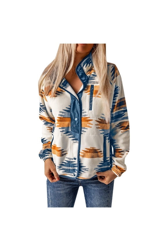 Womens Fleece Jacket Print Long Sleeve Snap Button Down Shacket Jackets with Pockets (Navy, XXL)