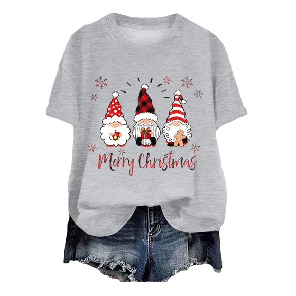 larppty Womens Funny Christmas Graphic Crew Neck T-Shirts Ugly Short Shirts Xmas Tee Tops Holiday Family Party Pullover Tops (Light Gray, XL)