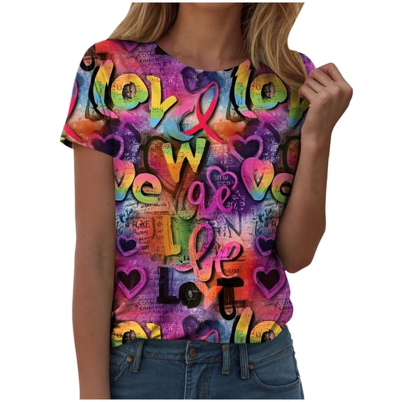 larppty Womens Funny Heart Tshirts Shirts 2026 Spring Summer Trendy Casual Short Sleeve Tees Loose Crewneck Tops (Purple, XL)