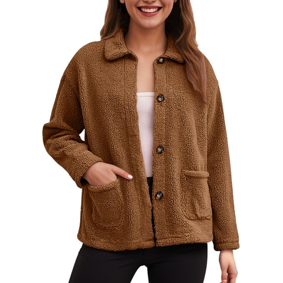larppty Womens Fuzzy Fleece Jacket Button Down Sherpa Coats Casual Winter Warm Outwear with Pockets (Coffee, XL)