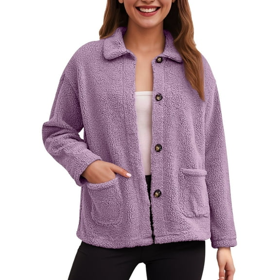 larppty Womens Fuzzy Fleece Jacket Button Down Sherpa Coats Casual Winter Warm Outwear with Pockets (Purple, M)