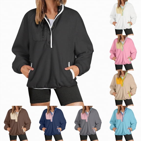 larppty Womens Fuzzy Fleece Pullover Sweatshirt Long Sleeve Color Block Button Down Sweater Winter Fleece Jacket with Pockets (Black, M)