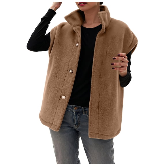 larppty Womens Fuzzy Fleece Vest Casual Oversized Warm Button Down Sherpa Vest Jacket with Pockets Outerwear (Brown, M)