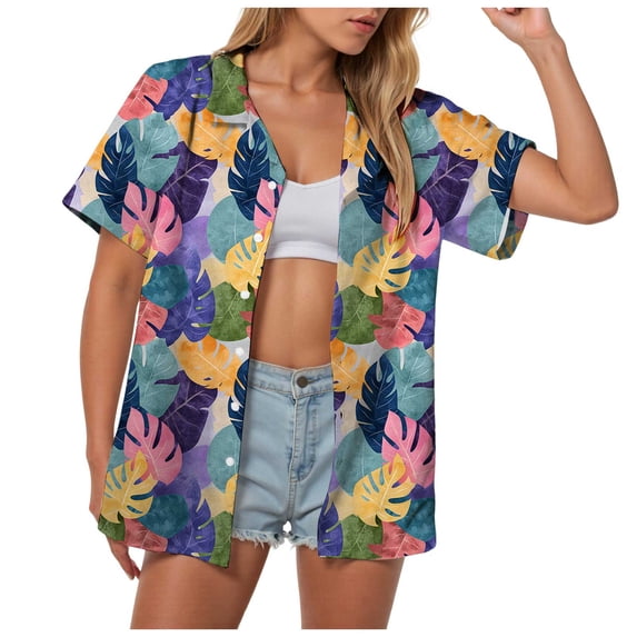larppty Womens Hawaiian Button Down Shirts Short Sleeve Casual Floral Tropical Shirt Summer Beach Shirt Cool Button Up Tops(Purple, XL)