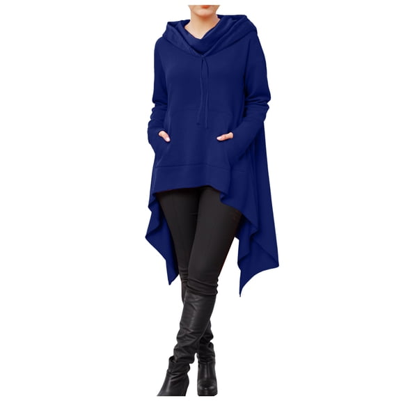 larppty Womens High Low Hoodie Asymmetrical Hem Long Sleeve Drop Shoulder Hoodies Cowl Neck Tunic Tops with Pocket (Blue, XXL)