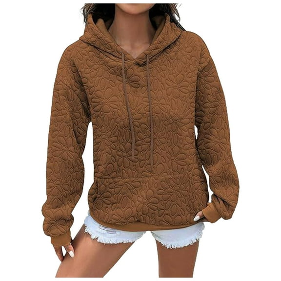 larppty Womens Hoodies Casual Long Sleeve Drawstring Jacquard Sweatshirt Pullover Tops Loose Outfits Fall Clothes (Brown, L)