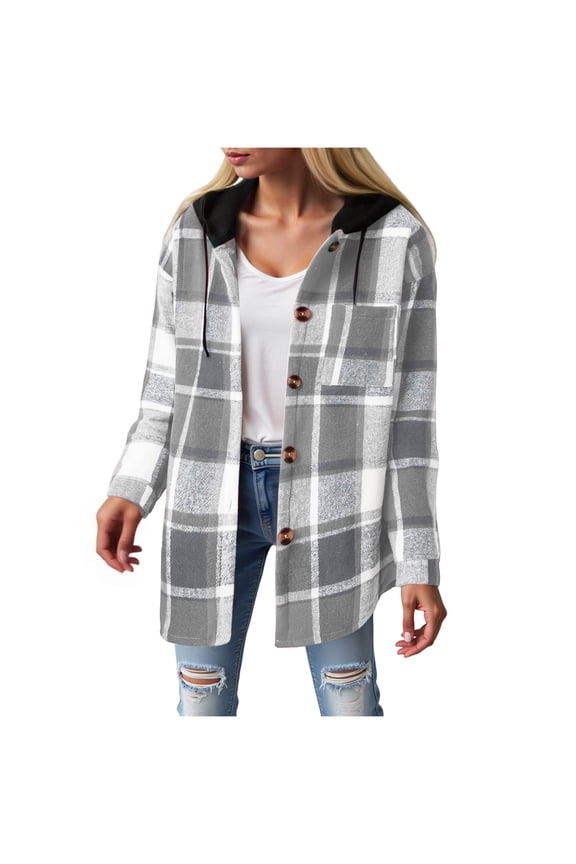 Womens Long Sleeve Button Down Plaid Shirts Flannel Hooded Shacket Jacket Hoodie Coats with Pockets (Hot Pink, S)