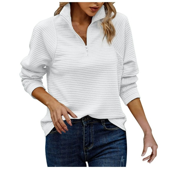 larppty Womens Long Sleeve Quarter Zip Casual Loose V Neck Collared Ribbed Knit Pullover Tops (White, L)