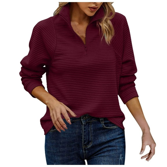 larppty Womens Long Sleeve Quarter Zip Casual Loose V Neck Collared Ribbed Knit Pullover Tops (Wine, XL)