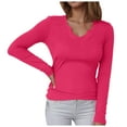thumbnail image 1 of larppty Womens Long Sleeve Shirts V-Neck Rib Knit Slim Fit Tops Casual Stretch Basic Tee Going Out Y2K Top Fall Fashion 2025 (Hot Pink, XXL), 1 of 6