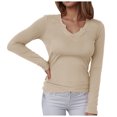 thumbnail image 1 of larppty Womens Long Sleeve Shirts V-Neck Rib Knit Slim Fit Tops Casual Stretch Basic Tee Going Out Y2K Top Fall Fashion 2025 (Khaki, S), 1 of 6