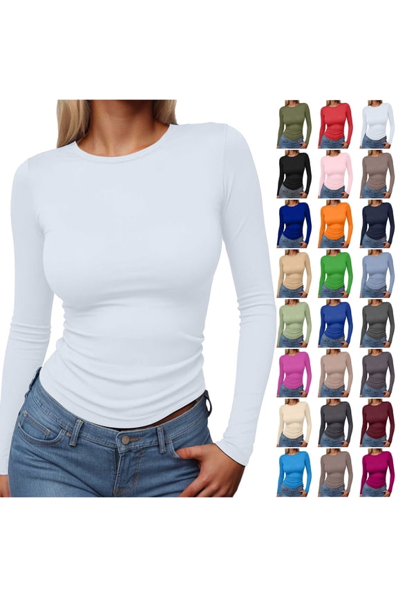 Womens Long Sleeve Stretch Crewneck Ribbed T-Shirt Fitted Casual Basic Tops Coffee, M