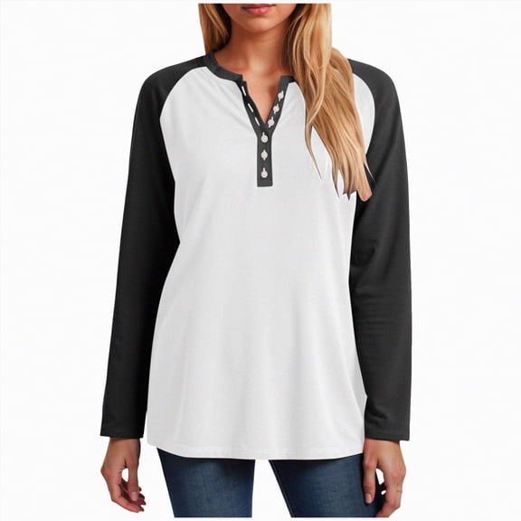larppty Womens Long Sleeve Tops Color Block Button V Neck T Shirts Loose Fit Tunic Blouses (Black, M)