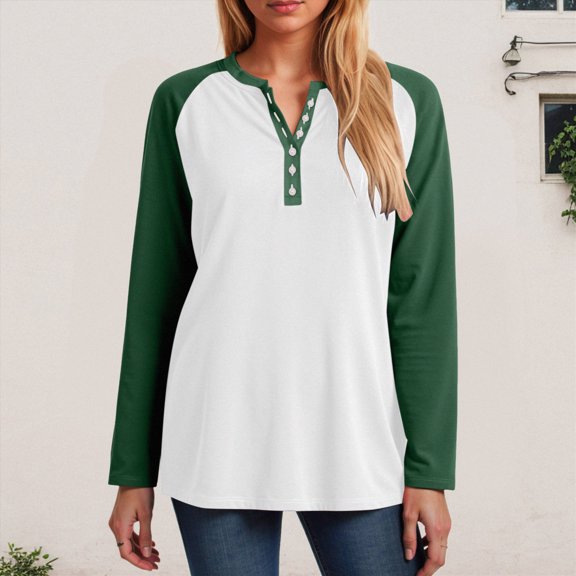 larppty Womens Long Sleeve Tops Color Block Button V Neck T Shirts Loose Fit Tunic Blouses (Green, M)