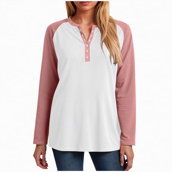 larppty Womens Long Sleeve Tops Color Block Button V Neck T Shirts Loose Fit Tunic Blouses (Light Pink, M)