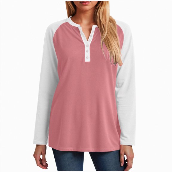 larppty Womens Long Sleeve Tops Color Block Button V Neck T Shirts Loose Fit Tunic Blouses (Pink, M)